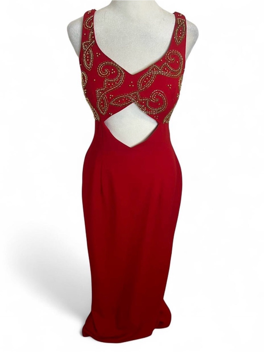 Precious Formals Red Backless Beaded Evening Gown